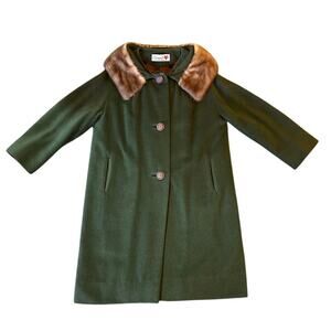 Vintage Women Large - XL Green Wool Jacket Mink Fur Collar Coat Luxury Mobwife